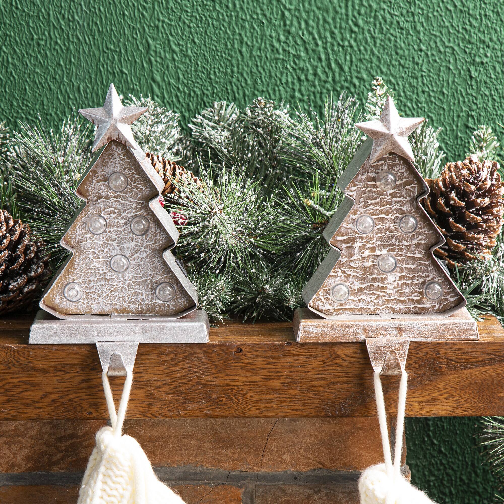 Glitzhome® 8" Marquee LED Wooden & Metal Christmas Tree Stocking Holder Set